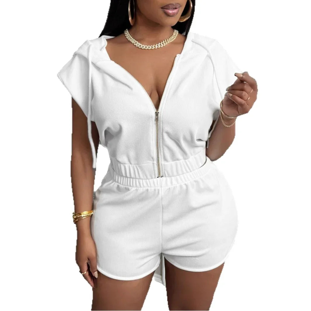 Fashionable Solid-Color Zip-Up Hooded Short-Sleeve Shorts Set - Gizmo Galaxy