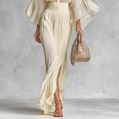 Pleated Wide-sleeve Shirt And Maxi Skirt Two-piece Women's Set - Gizmo Galaxy