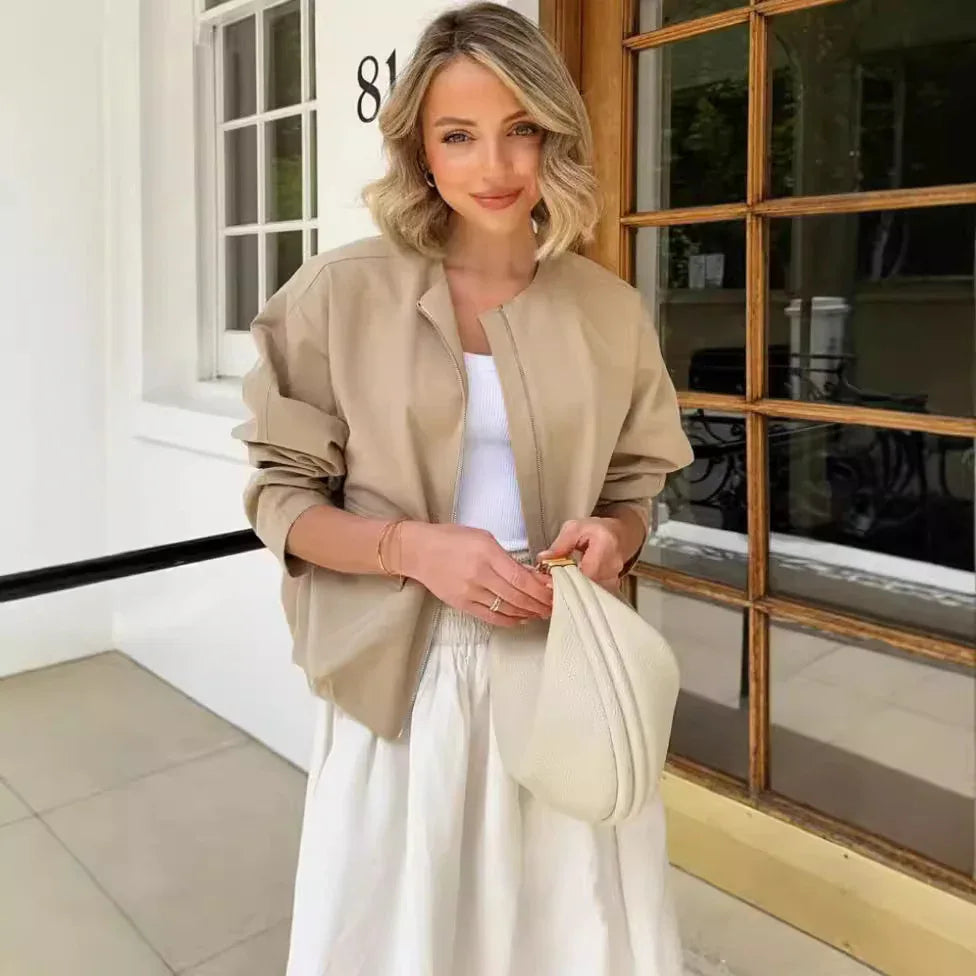 Zipped Round Neck Cargo Pocket Baggy Coat Women - Gizmo Galaxy