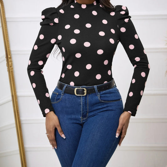 Ladies' Polka Dot Print Slim Fit Figure Enhancing Basic Versatile Elegant T-shirt - Gizmo Galaxy