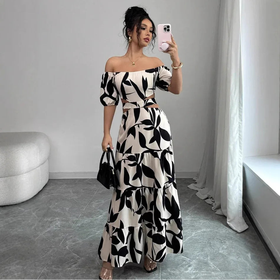 Off-shoulder Sexy Hollow-out Dress Printed Bodycon Dress That Flatters Your Figure And Shows Off Your Waist - Gizmo Galaxy