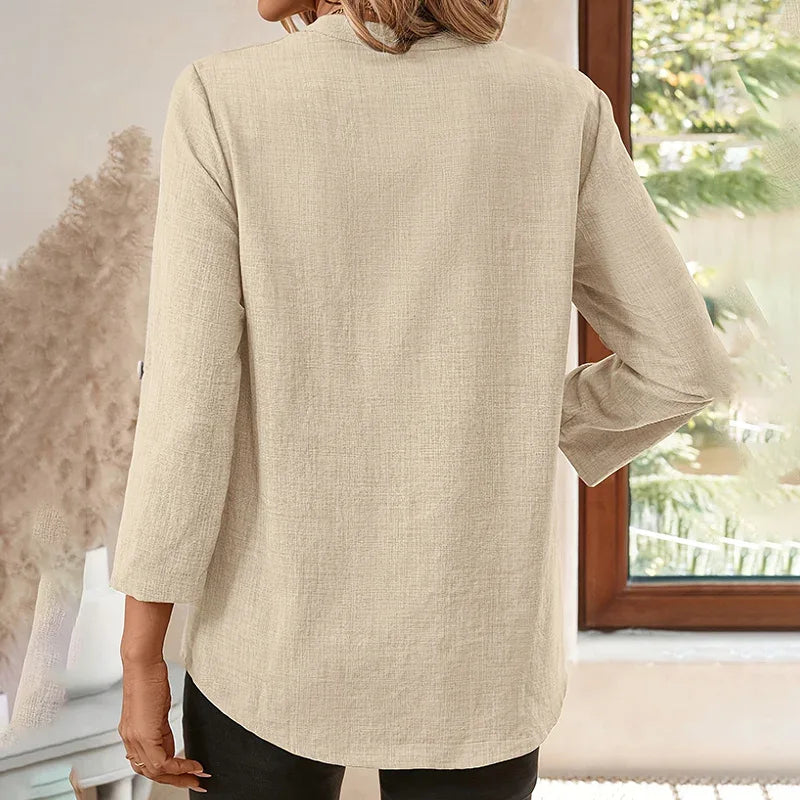 Womens Casual Summer Shirts Notch V Neck Blouses 3 4 Roll Sleeve Tunics Tops - Gizmo Galaxy