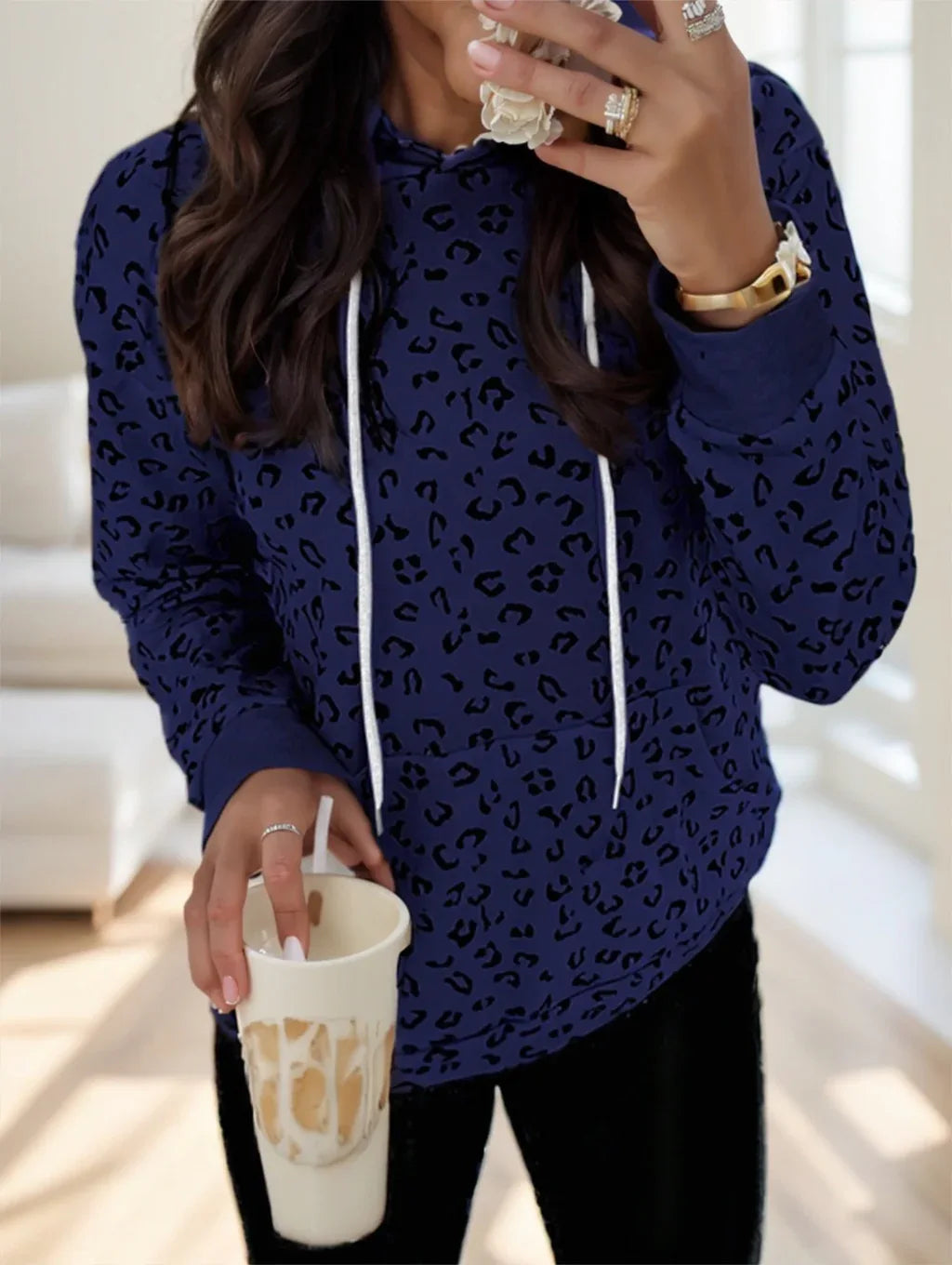 Women's Leopard Print Long Sleeve Casual Hoodie Sweatshirt - Gizmo Galaxy