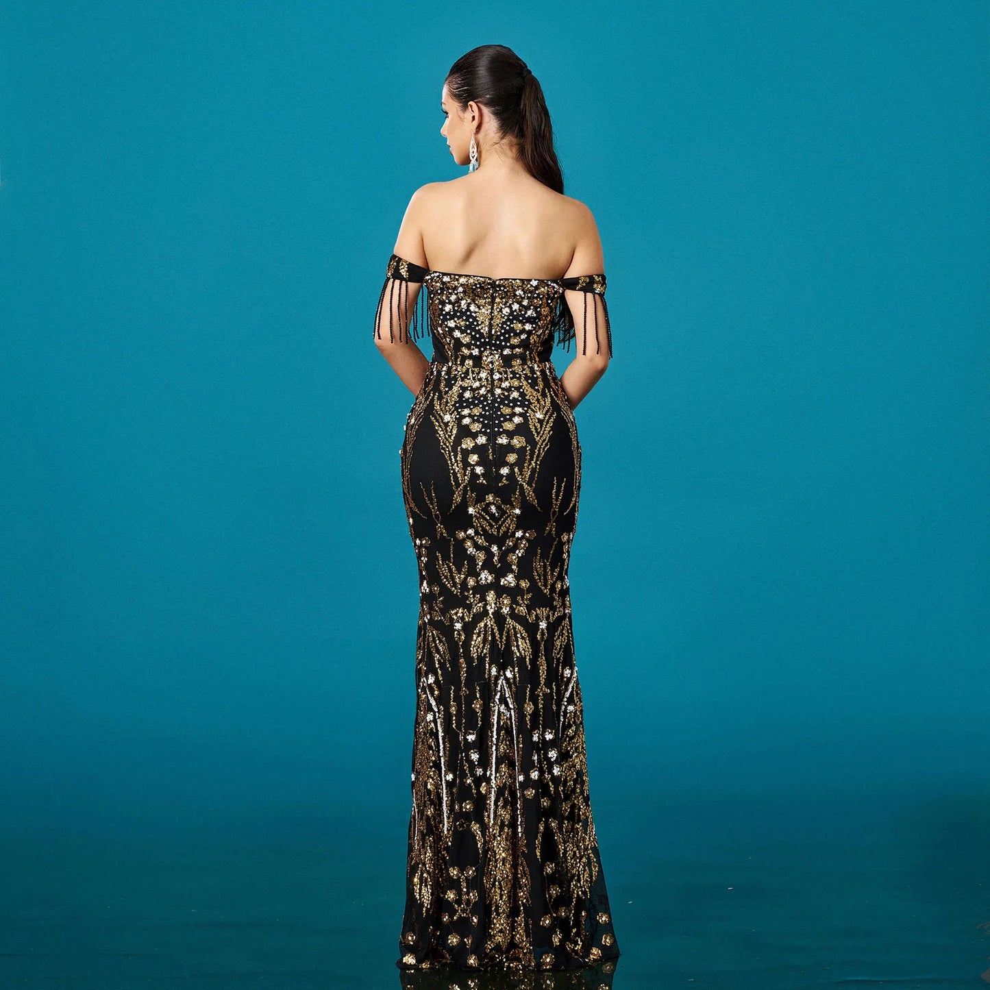 Off-neck Tassel Sequined Fishtail Evening Dress For Banquet - Gizmo Galaxy