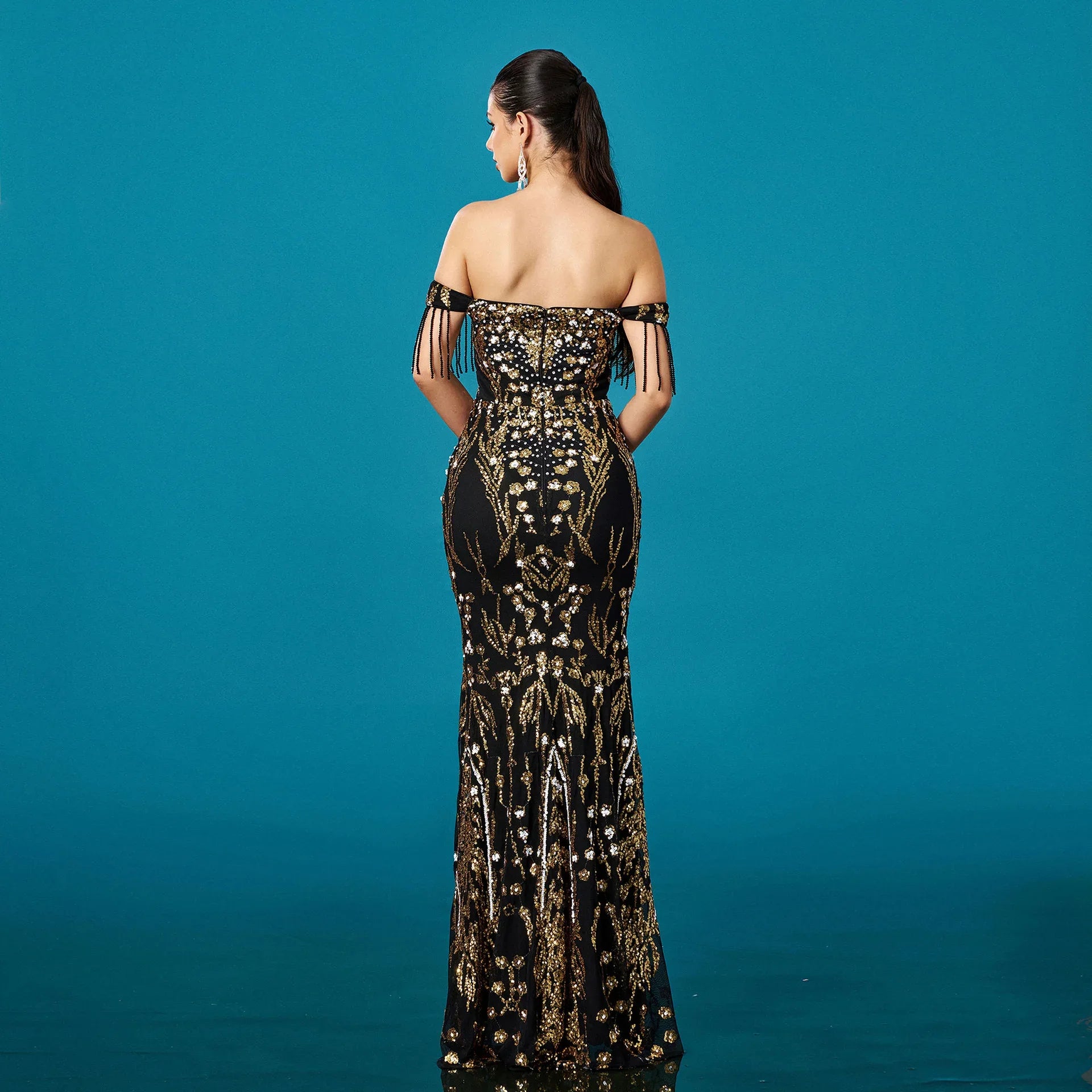 Off-neck Tassel Sequined Fishtail Evening Dress For Banquet - Gizmo Galaxy