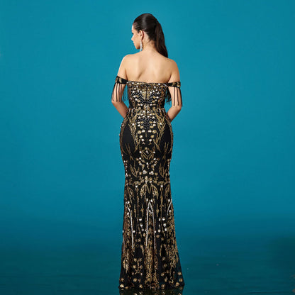Off-neck Tassel Sequined Fishtail Evening Dress For Banquet - Gizmo Galaxy