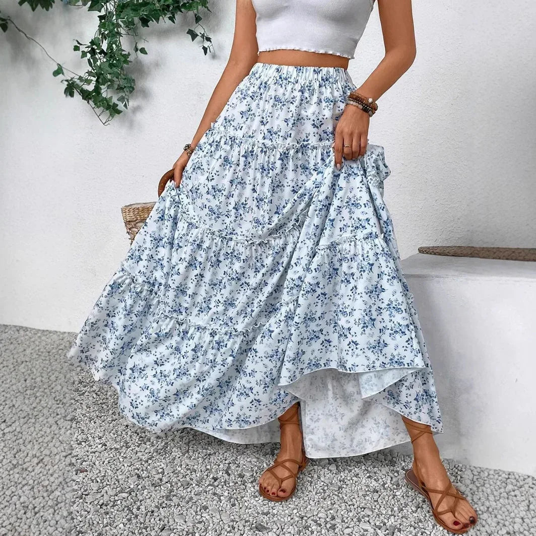 Women's Patchwork Floral Print Chiffon Pleated High Waist Midi Skirt - Gizmo Galaxy