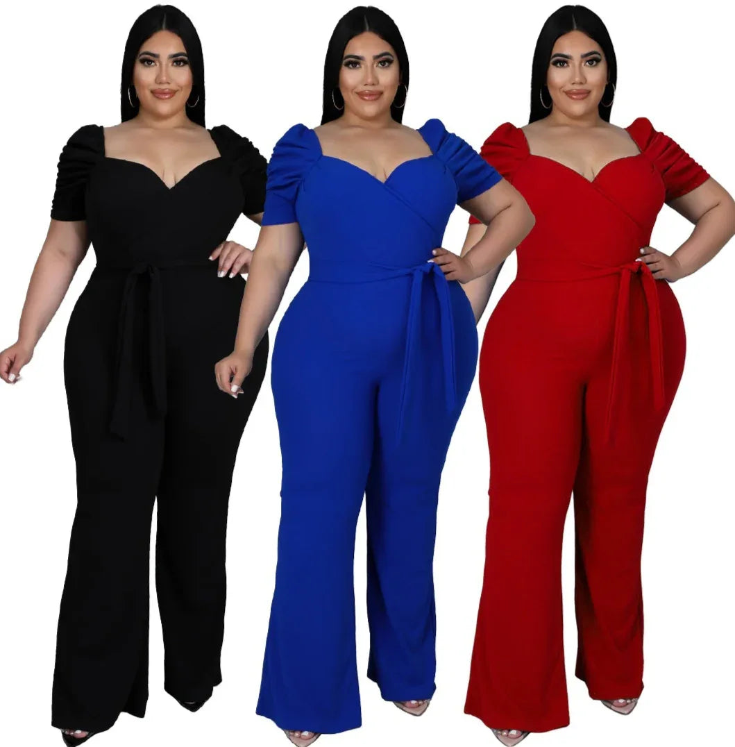 Women's Plus-Size Stand Collar Ruffle Sleeve High-Waist Jumpsuit Wide-Leg Pants - Gizmo Galaxy