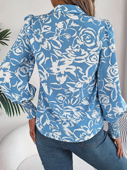 Women's Elegant Color-Blocked Floral Lantern Sleeve Lapel Shirt - Gizmo Galaxy