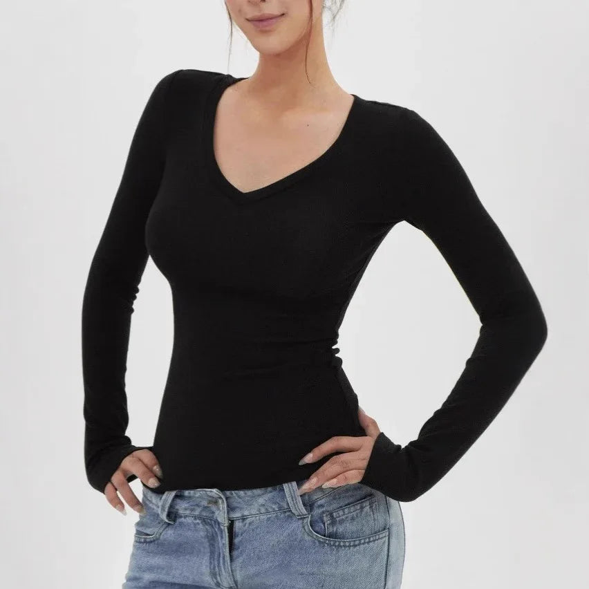 American Hot Girl Delicate V-neck Shoulder Long Sleeve T-shirt - Gizmo Galaxy