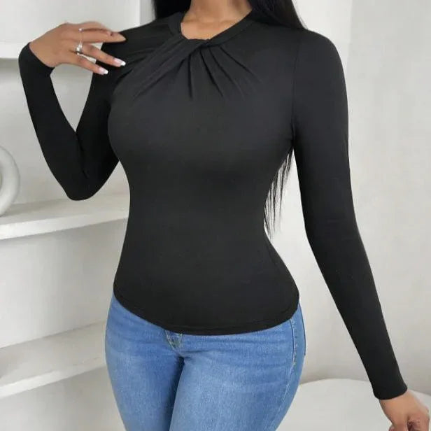 Women's Solid Color Pleated Collar Slim Fit Hip Hugging Long Sleeved T-shirt Top - Gizmo Galaxy