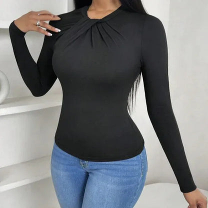 Women's Solid Color Pleated Collar Slim Fit Hip Hugging Long Sleeved T-shirt Top - Gizmo Galaxy