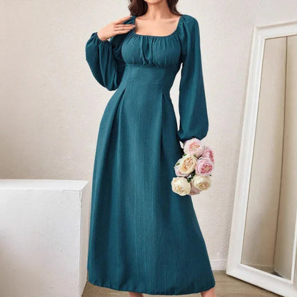 Women's Fashion Square-neck Tie-waist Figure-flattering A-line Dress With Long Sleeves And An Elegant Vibe - Gizmo Galaxy
