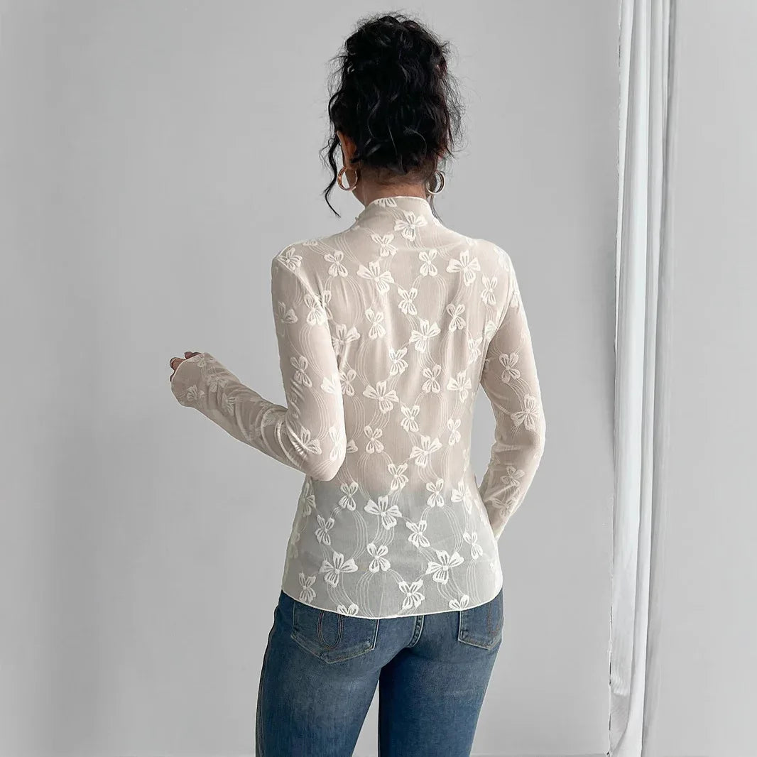 Butterfly Jacquard Mesh Slim Fit Stand-up Collar Long-sleeved - Gizmo Galaxy
