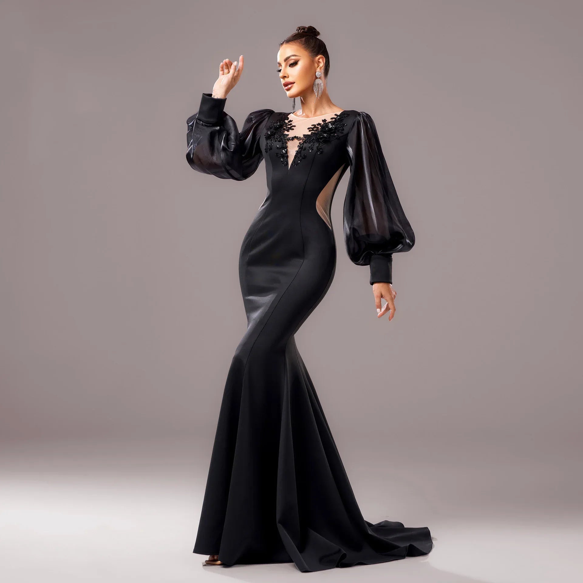 Long Sleeve Round Neck Banquet Applique Sheath Fishtail Dress - Gizmo Galaxy