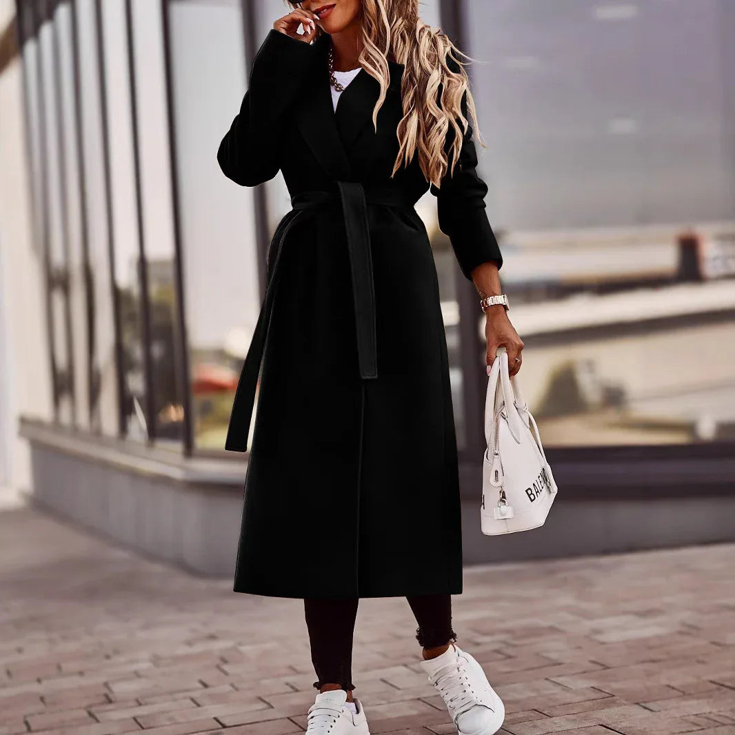 Autumn And Winter Simplicity Long Sleeve V-neck Lace Up Woolen Coat Top Women - Gizmo Galaxy
