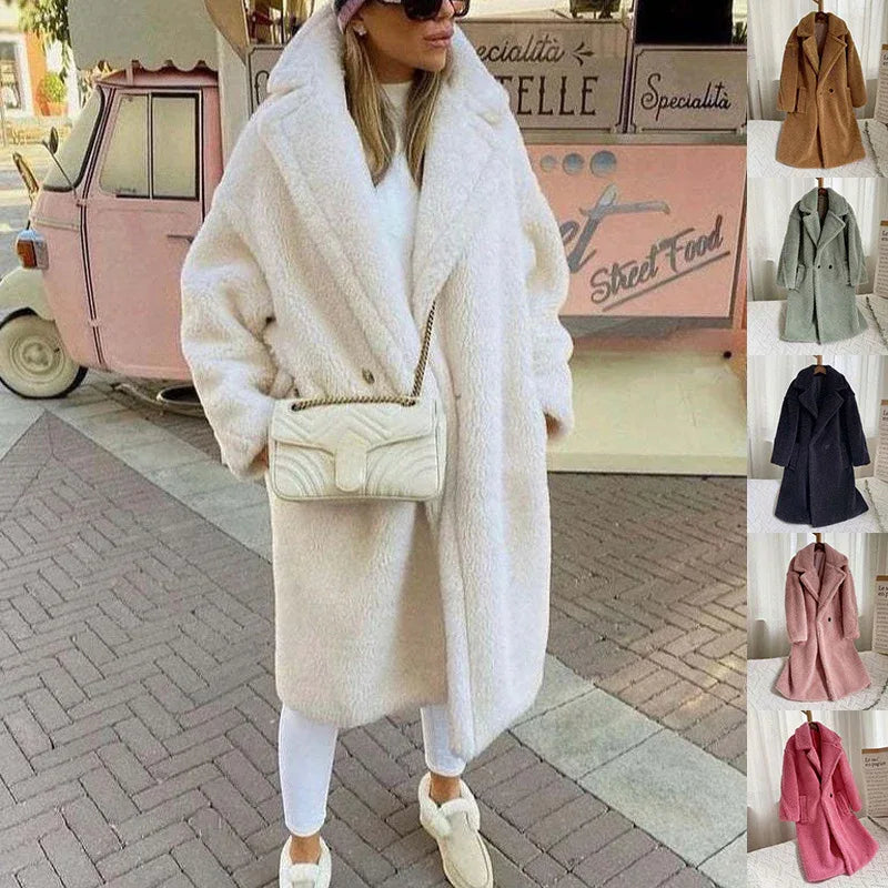 Lapel Lamb Fleece Coat With Pockets Faux Fur Coat Winter Warm Thickening Long Windbreaker Women's Clothing - Gizmo Galaxy
