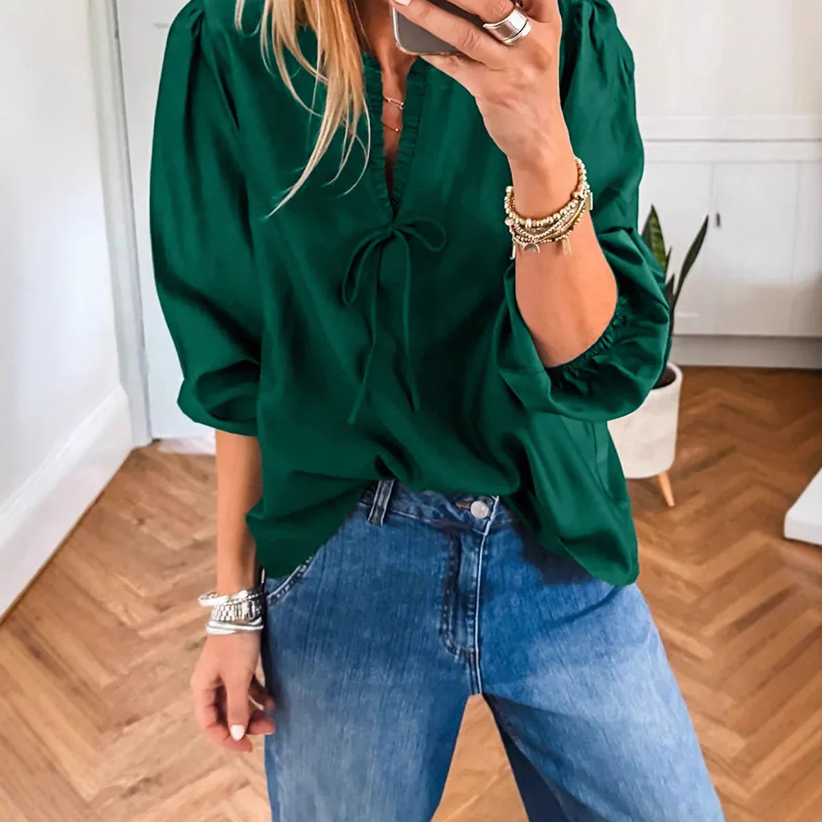 Women's Solid-color V-neck Long-sleeve Chiffon Blouse With Bow Tie Straps - Gizmo Galaxy