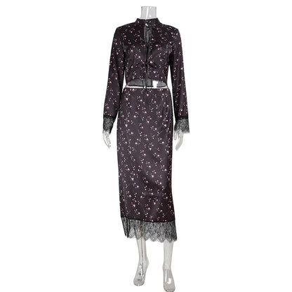 Women's Fashionable Printed Long-Sleeve Lace-Patchwork Skirt Set - Gizmo Galaxy