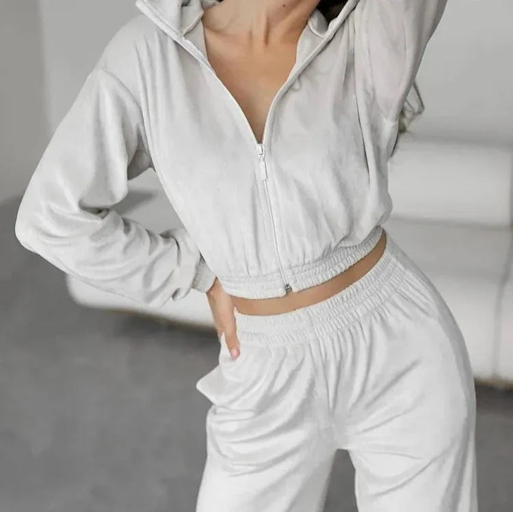Fashion Women's Long-sleeve Lapel Zip-up Cardigan Hoodie Fleece Sweater Trousers - Gizmo Galaxy