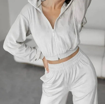 Fashion Women's Long-sleeve Lapel Zip-up Cardigan Hoodie Fleece Sweater Trousers - Gizmo Galaxy