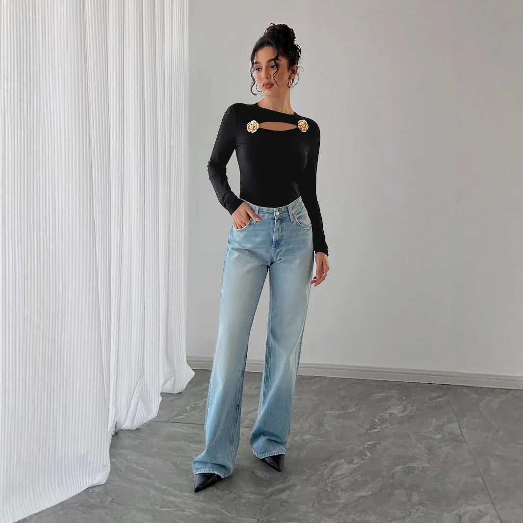 Women Hollow Rose Metal Decorative Black Tight Long Sleeve T-shirt - Gizmo Galaxy