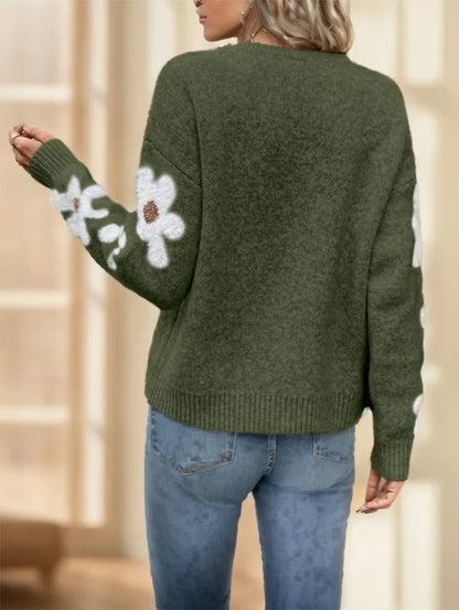 Floral Pattern Drop Shoulder Sweater,Long Sleeve Tops - Gizmo Galaxy