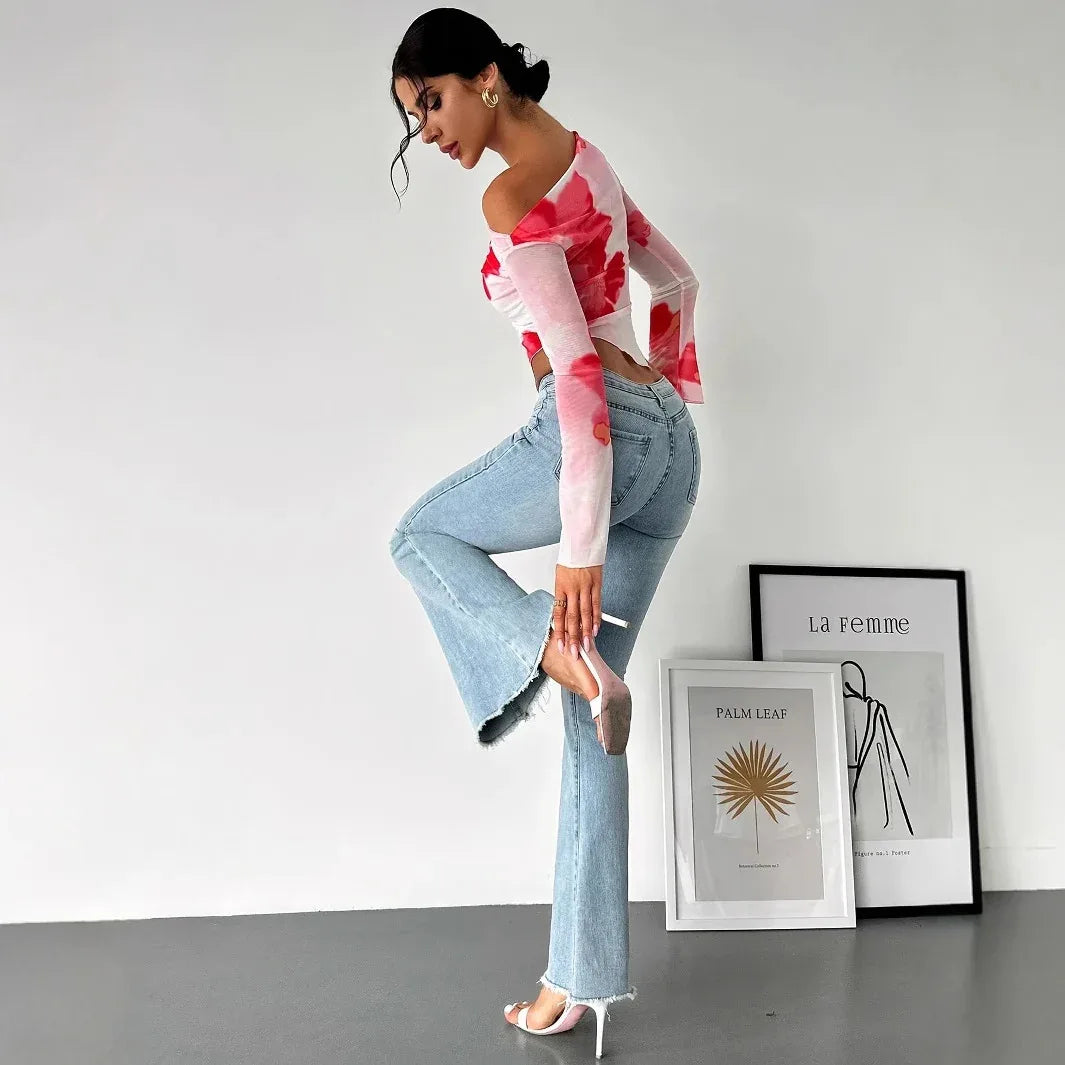 Women's Tie-dye Gradient Floral Mesh Floral Print Top - Gizmo Galaxy