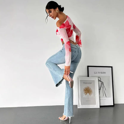 Women's Tie-dye Gradient Floral Mesh Floral Print Top - Gizmo Galaxy