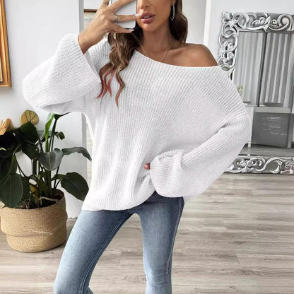 Women's Simple Loose Off Shoulder Off-the-shoulder Flared Sleeves Sweater - Gizmo Galaxy