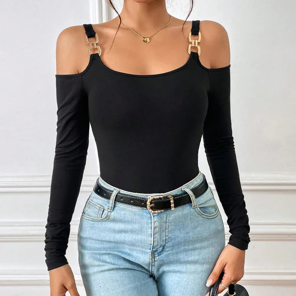 Women's Spring And Summer Fashion Simple Suspender Off-Shoulder Metal Hook Long-Sleeved Sexy Top - Gizmo Galaxy