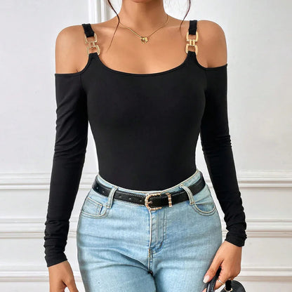 Women's Spring And Summer Fashion Simple Suspender Off-Shoulder Metal Hook Long-Sleeved Sexy Top - Gizmo Galaxy