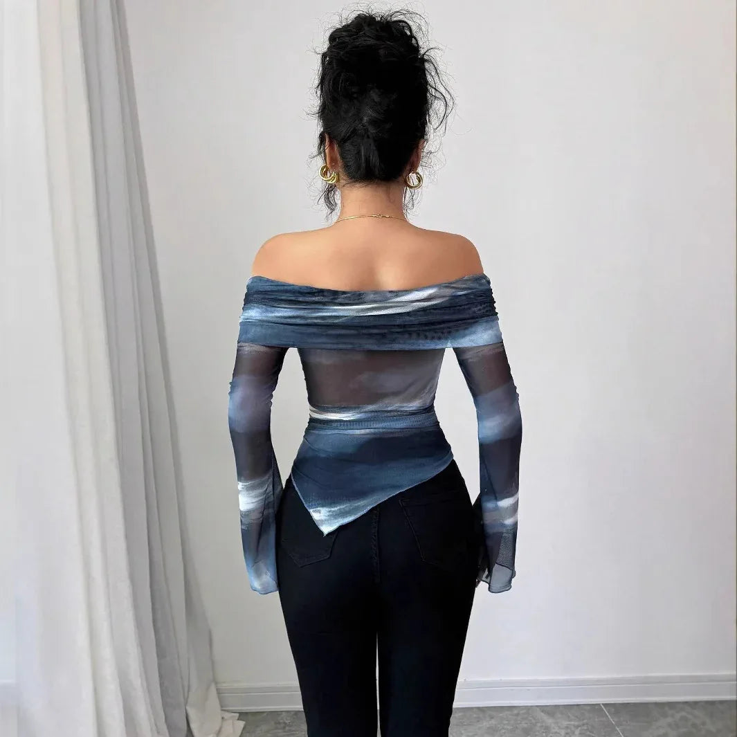 Knitted Mesh Printed Off-shoulder Collar Long Sleeved Fitted T-shirt - Gizmo Galaxy