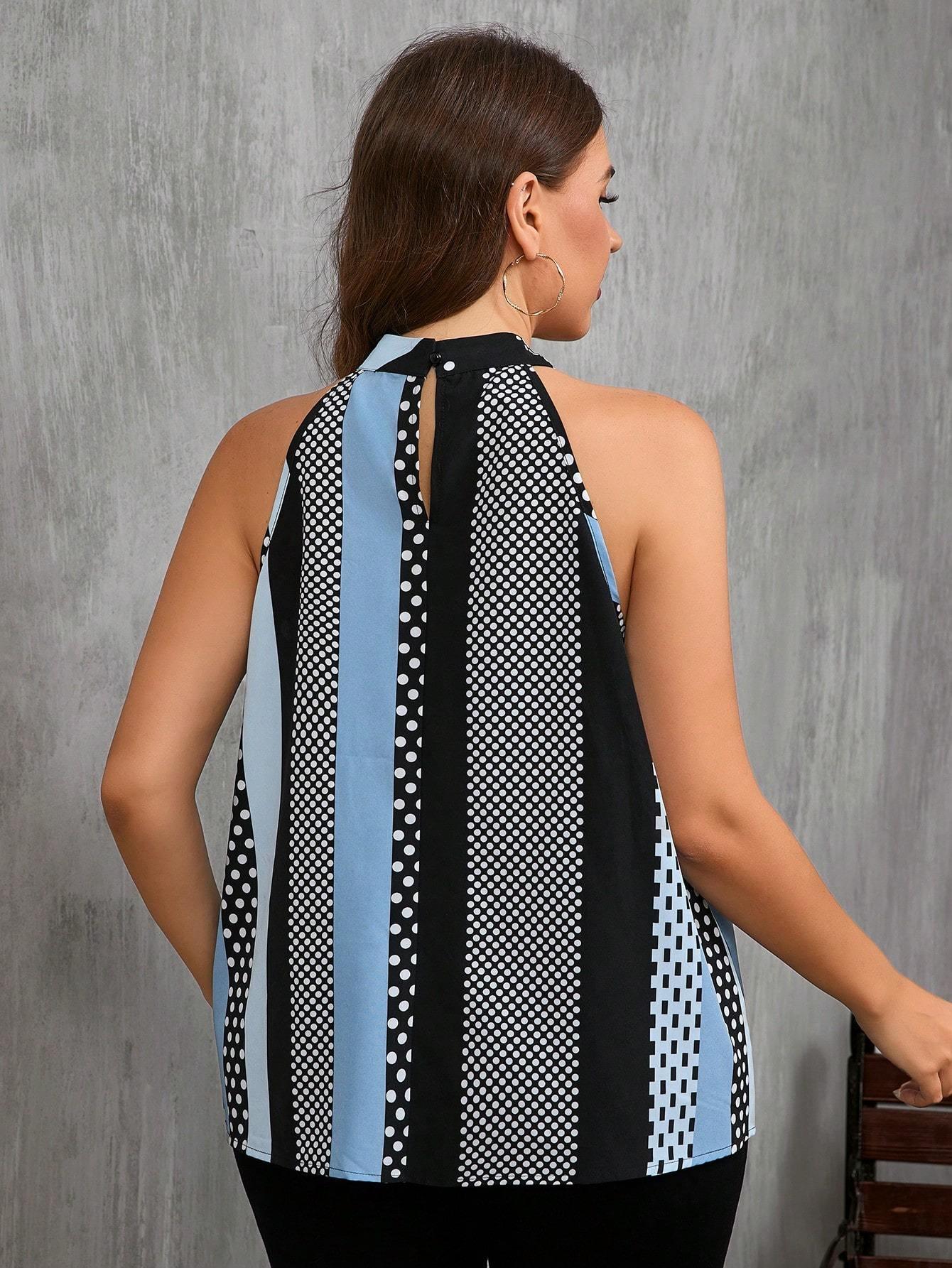 Women Contrast Polka Dot Print Casual Cold Shoulder Halter Blouse - Gizmo Galaxy