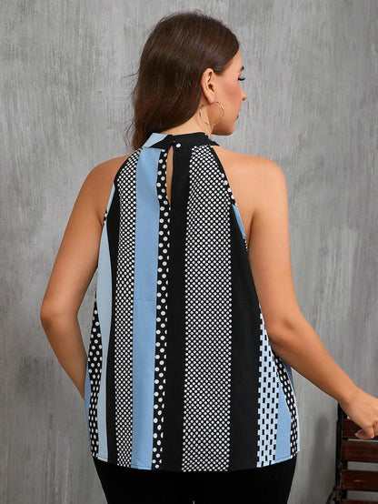 Women Contrast Polka Dot Print Casual Cold Shoulder Halter Blouse - Gizmo Galaxy
