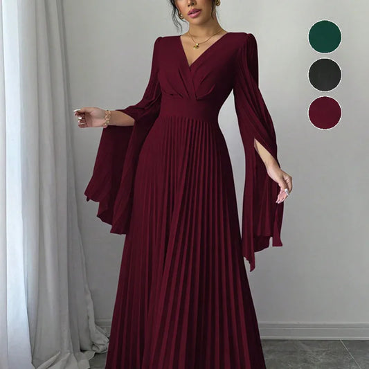 Women's High-waisted Long Deep-V-neck Long-sleeve Flared-sleeve Dress - Gizmo Galaxy