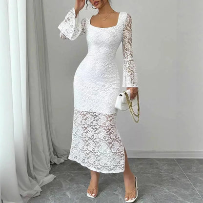 Fashionable Lace-Patchwork Square-Neck Flared-Sleeve Bodycon Dress - Gizmo Galaxy