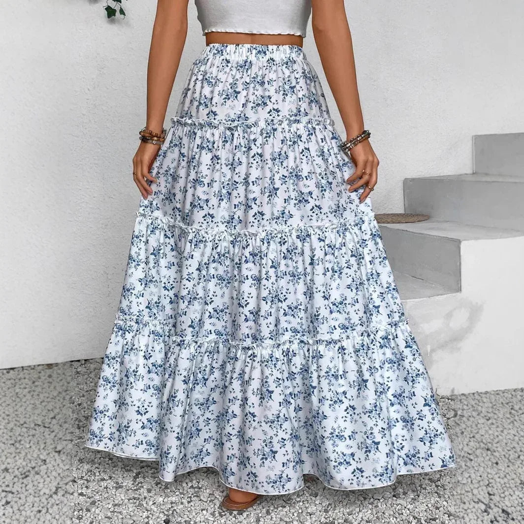Women's Patchwork Floral Print Chiffon Pleated High Waist Midi Skirt - Gizmo Galaxy