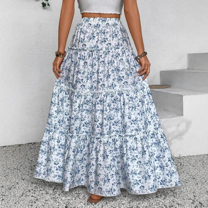 Women's Patchwork Floral Print Chiffon Pleated High Waist Midi Skirt - Gizmo Galaxy