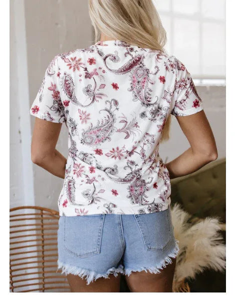 White Vintage Paisley Mock Neck T Shirt - Gizmo Galaxy