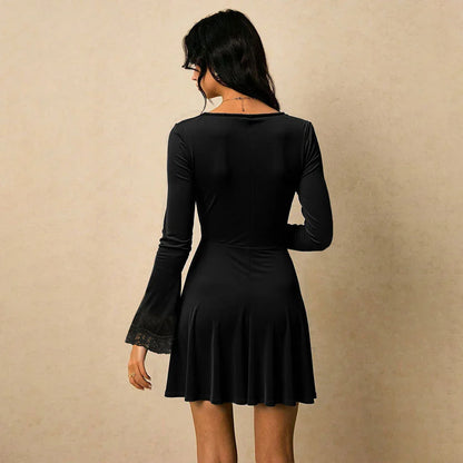 Square Neckline And Patchwork Flared Sleeves Elegant AutumnWinter Women's Dress - Gizmo Galaxy