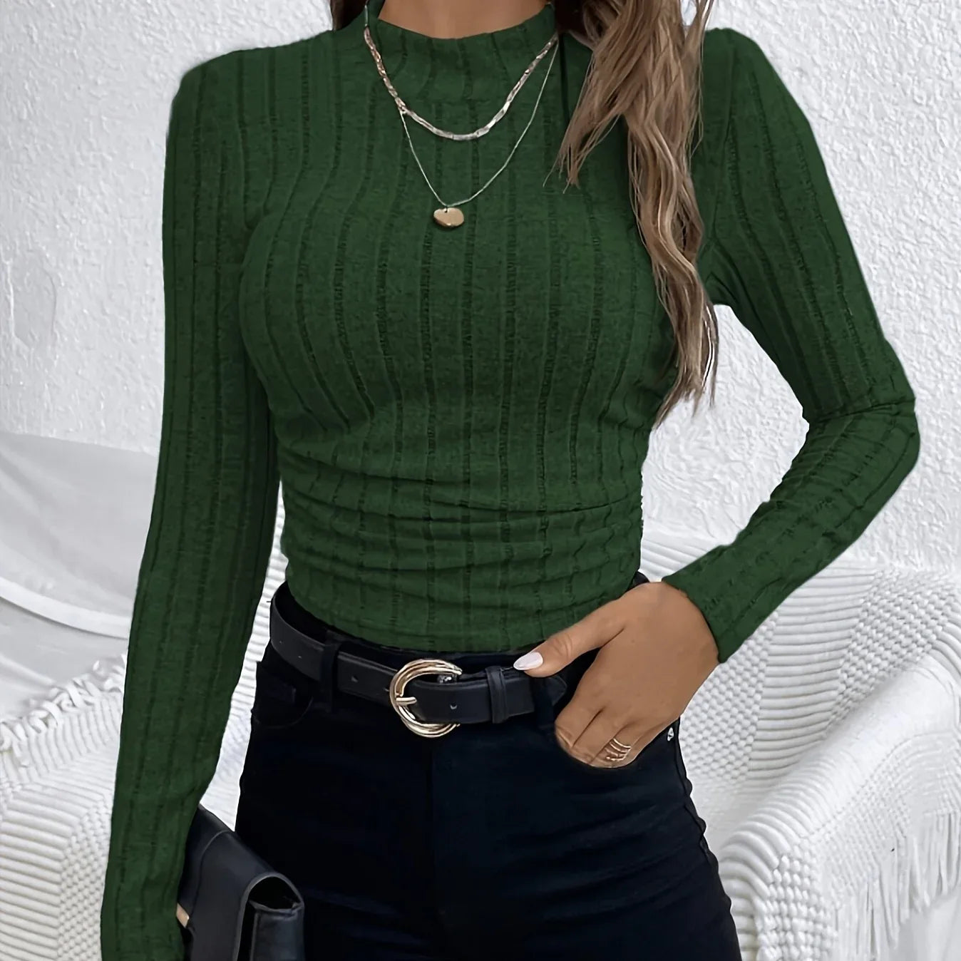 Women's Round Neck Knitted Ribbed Slim Fit Autumn And Winter Warm And Comfortable Base T-shirt - Gizmo Galaxy