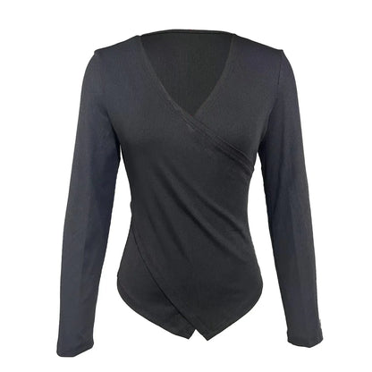 Ladies' Fashionable Solid Color Premium Cross V-neck Sexy Elegant Long Sleeved T-shirt Top - Gizmo Galaxy
