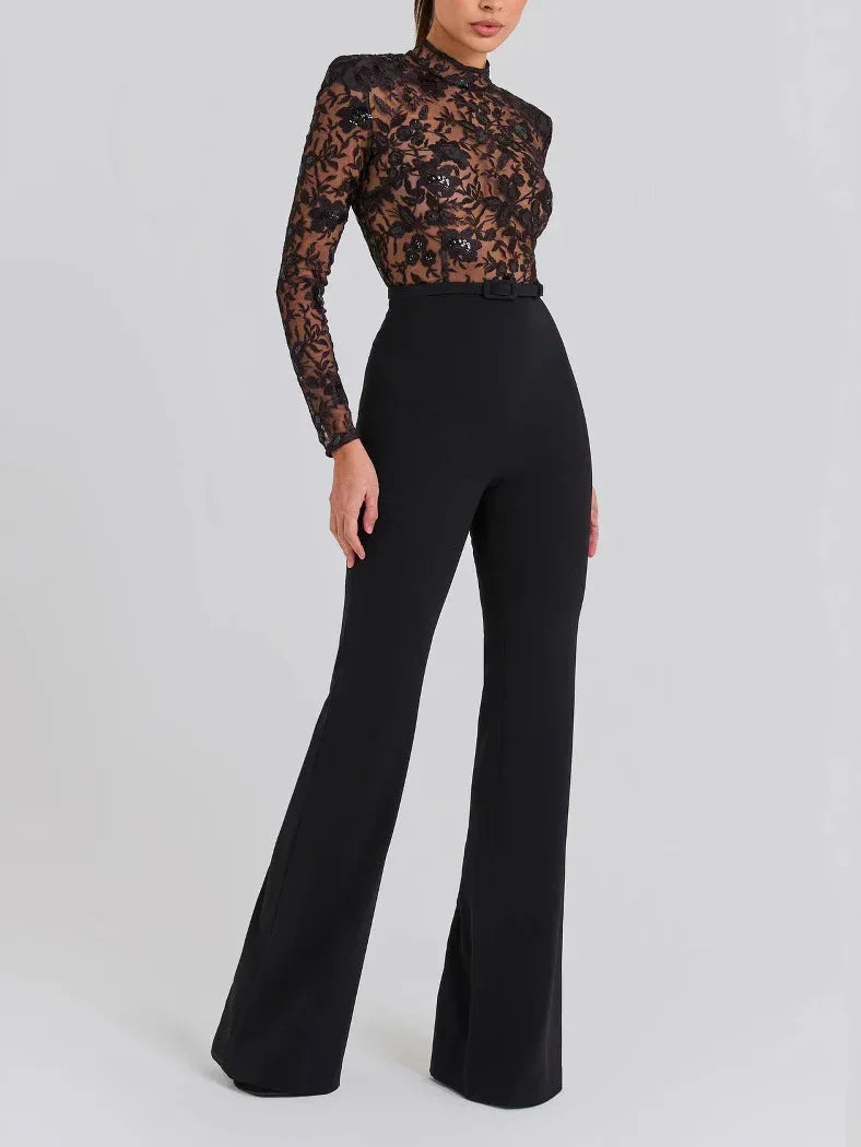 Black See-through Lace Long-sleeved Trousers Jumpsuit - Gizmo Galaxy
