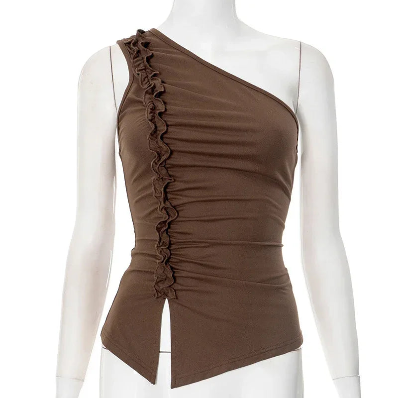 One-shoulder Pleated Lace T-shirt Top - Gizmo Galaxy