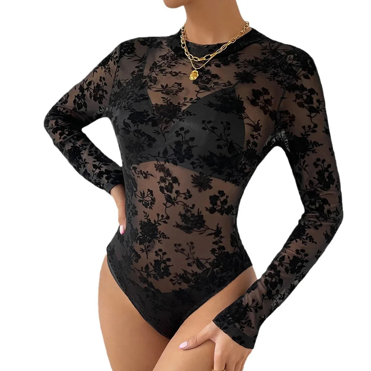 Lace Mesh Flocking Printing Sexy Slim Fit Long-sleeved Jumpsuit - Gizmo Galaxy