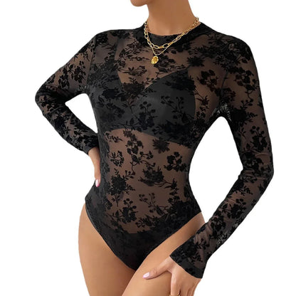 Lace Mesh Flocking Printing Sexy Slim Fit Long-sleeved Jumpsuit - Gizmo Galaxy