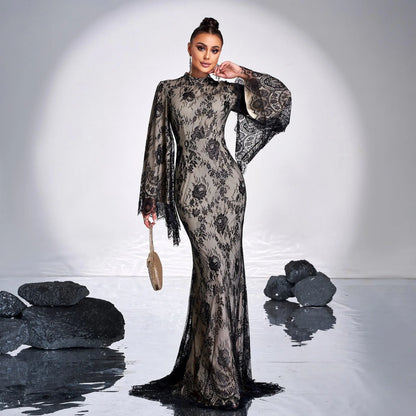 Long Sleeve Round Neck Sexy Lace Banquet Dress - Gizmo Galaxy