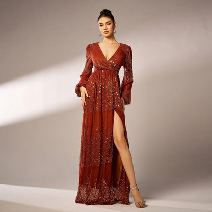Long Sleeve V-neck Sexy Long Sequined Evening Dress - Gizmo Galaxy