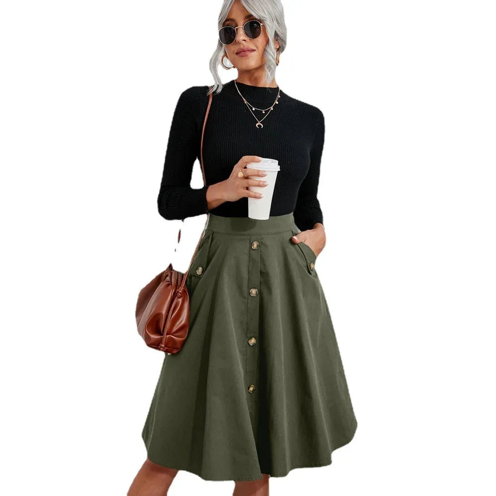 Women's Pocket Button Waist Elegant Midi Skirt - Gizmo Galaxy
